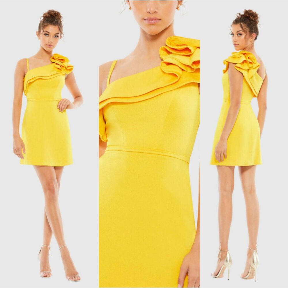 Mac Duggal Yellow Fully Lined One Shoulder Ruffle Size 12 Mini Dress 55286 New
